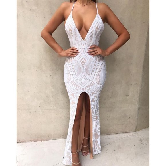 Nookie Mon Cherie Sequin Gown White Size Medium - Picture 1 of 11